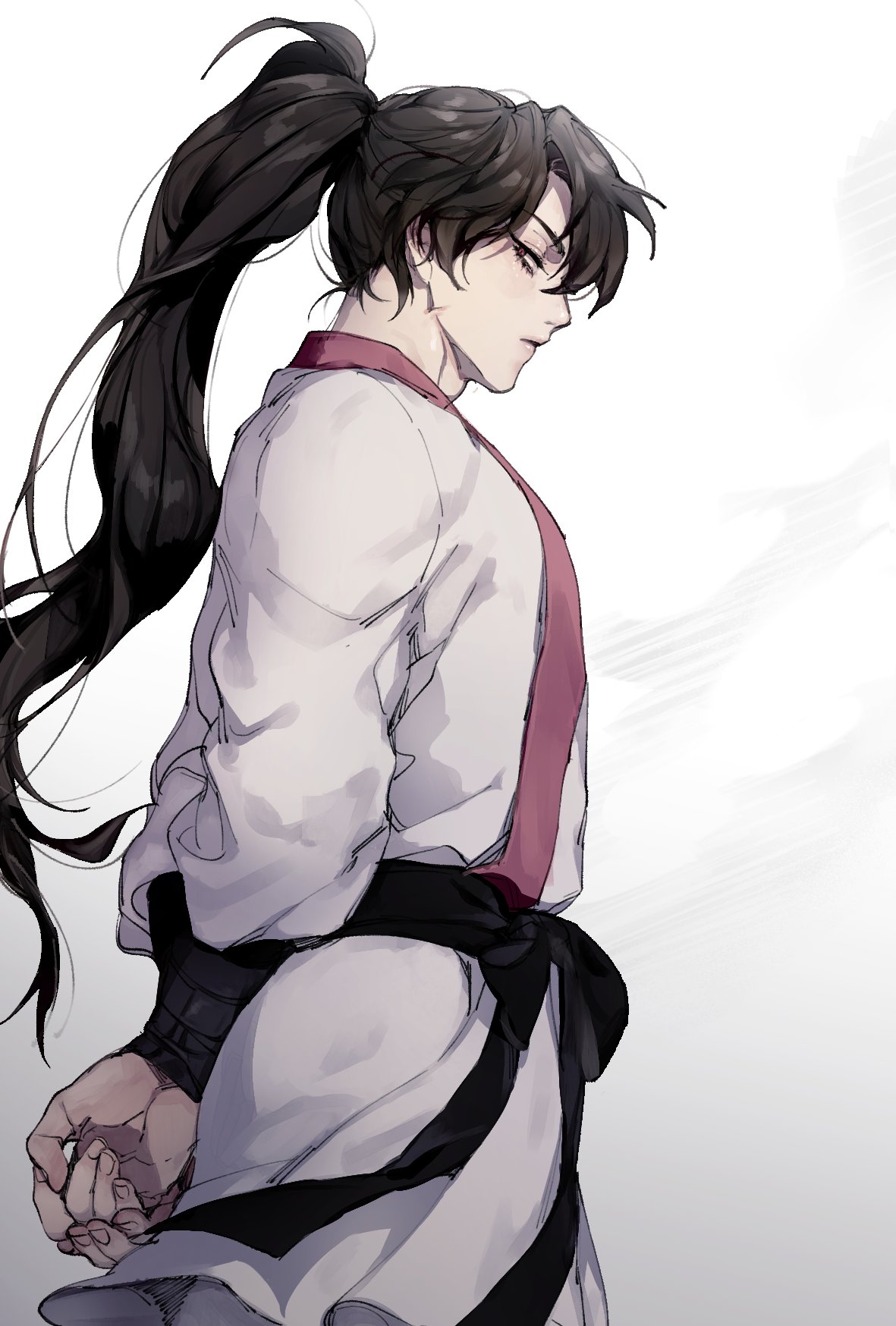 1boy, arms_behind_back, black_hair, chungmyung, expressionless, from_side, highres, korean_commentary, long_hair, long_sleeves, looking_at_viewer, looking_to_the_side, male_focus, pink_eyes, ponytail, return_of_the_mount_hua_sect, s_walpae, solo, white_background