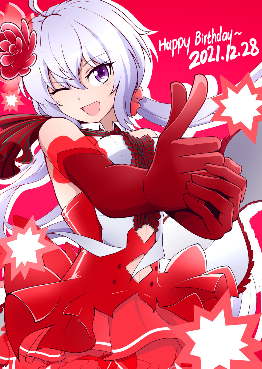 1girl, absurdres, breasts, dated, dress, elbow_gloves, eyebrows_visible_through_hair, finger_gun