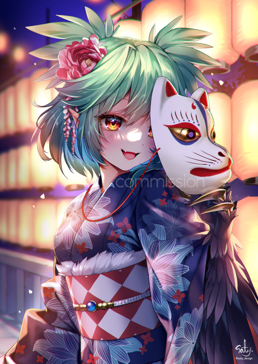 1girl, bangs, black_feathers, black_wings, claws, commentary_request, commission, eyebrows_visible_through_hair