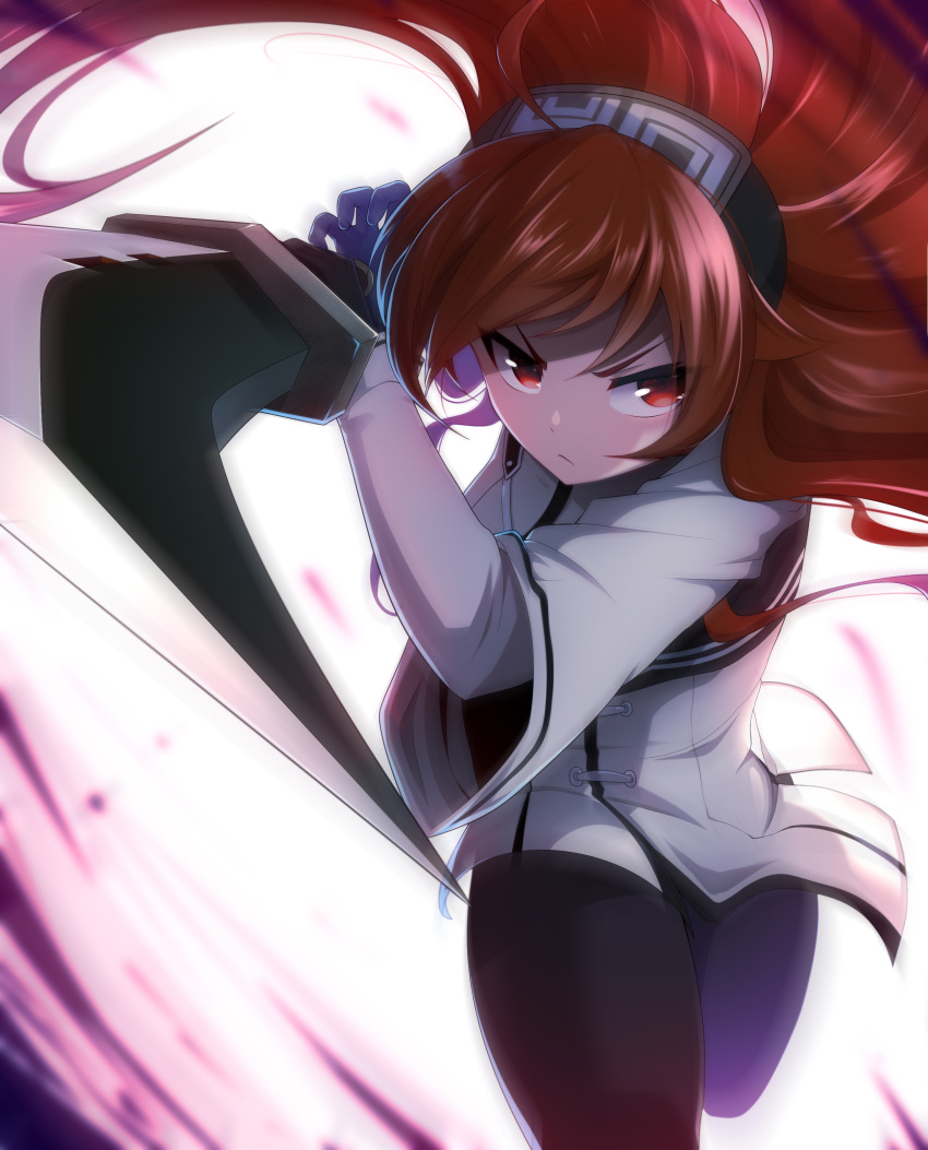 1girl, absurdres, bangs, black_hairband, black_legwear, eris_greyrat, floating_hair, galactic_small_yellow, gloves, hairband, highres, holding, holding_sword, holding_weapon, jacket, long_hair, looking_at_viewer, mushoku_tensei, pantyhose, purple_gloves, red_eyes, redhead, solo, sword, v-shaped_eyebrows, weapon, white_jacket