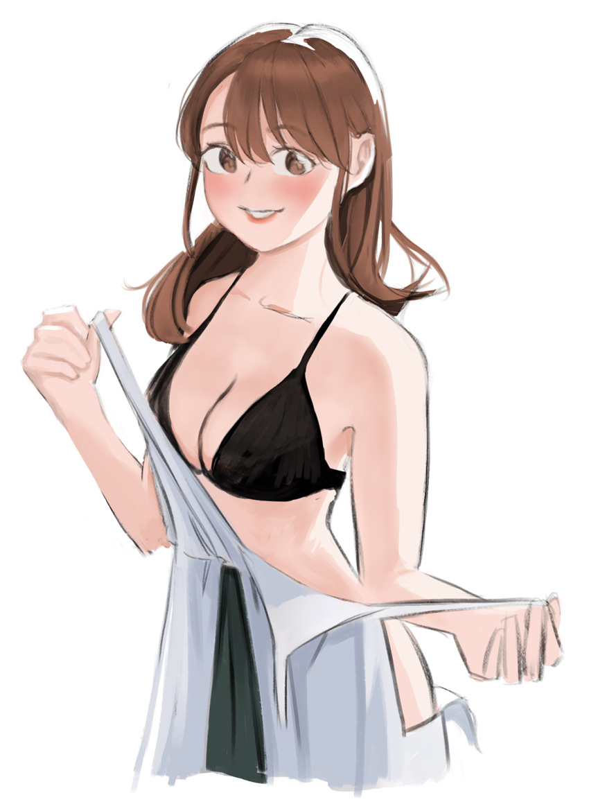 1girl, agent_aika, aika_(series), alternate_costume, azelweien, bare_shoulders, black_bra, black_delmo