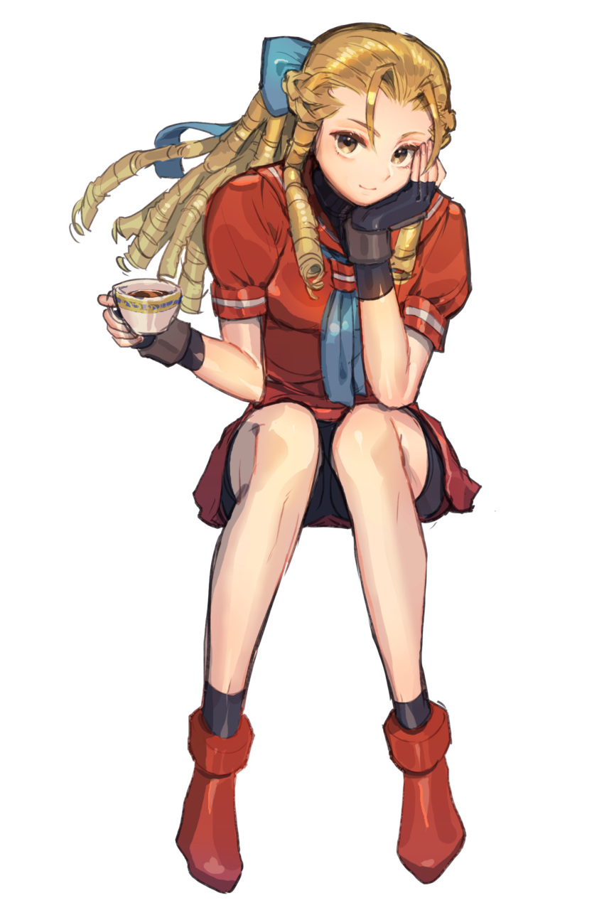 1girl, ahoge, bike_shorts, blonde_hair, blue_ribbon, blush, braid, closed_mouth, commentary_request, crown_braid, fingerless_gloves, full_body, gloves, hair_ribbon, head_rest, highres, holding, kanzuki_karin, long_hair, orange_eyes, puffy_short_sleeves, puffy_sleeves, red_shirt, red_skirt, ribbon, sailor_collar, school_uniform, serafuku, shirt, shoes, short_sleeves, sitting, skirt, smile, solo, street_fighter, street_fighter_zero_(series), tanakalma, tea