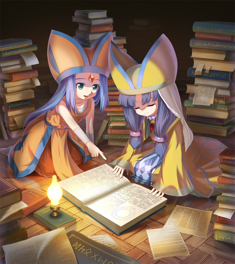 2girls, blue_hair, book, closed_mouth, dragon_quest, dragon_quest_vii, dress, dual_persona, fosse_(dq7), full_body, green_eyes, hat, long_hair, multiple_girls, naox, open_mouth, robe, smile, twintails, yellow_dress