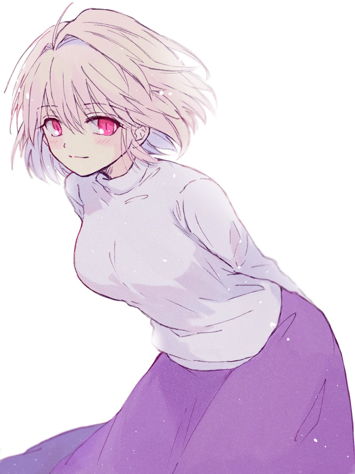 1girl, antenna_hair, arcueid_brunestud, arms_behind_back, bangs, blonde_hair, blush, breasts, closed_mouth, commentary_request, eyebrows_visible_through_hair, hair_between_eyes, highres, long_skirt, long_sleeves, looking_at_viewer, medium_breasts, muko_(4moiut), purple_skirt, red_eyes, short_hair, simple_background, single_hair_intake, skirt, slit_pupils, smile, solo, sweater, tsukihime, turtleneck, turtleneck_sweater, white_background, white_sweater