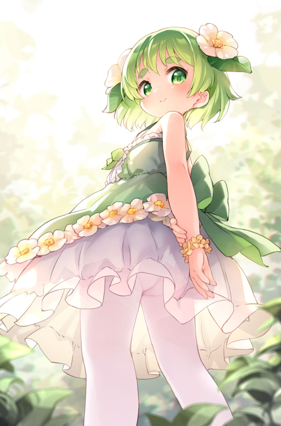 1girl, arms_behind_back, ass, back_bow, bare_shoulders, blurry, blurry_background, blush