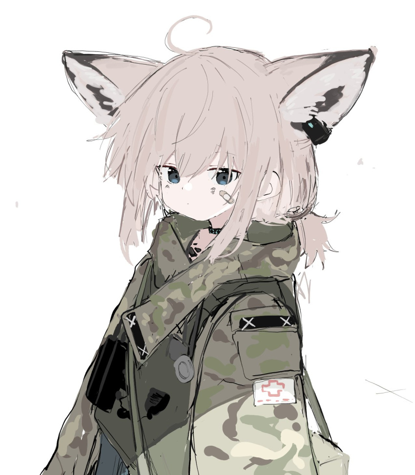 1girl, ahoge, animal_ear_fluff, animal_ears, arknights, bandaid, bandaid_on_cheek, bandaid_on_face