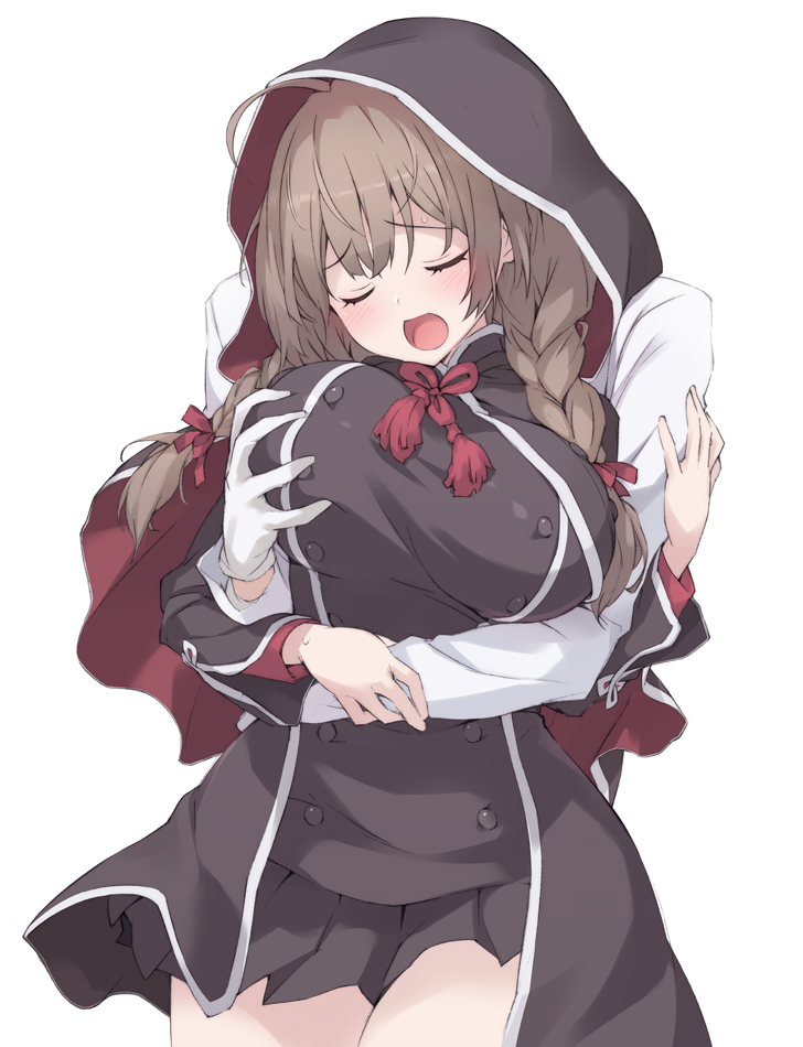 1boy, 1girl, admiral_(kancolle), black_capelet, black_dress, blush, braid, breasts