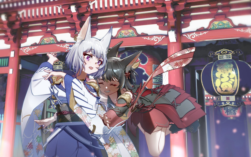 2girls, animal_ears, avatar_(pso2), black_hair, blush, commission, fox_ears, grin