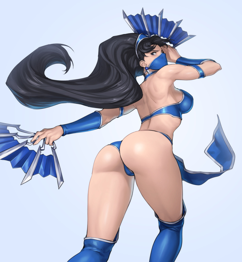 1girl, ass, bangs, bare_shoulders, black_eyes, black_hair, blue_background, blue_footwear