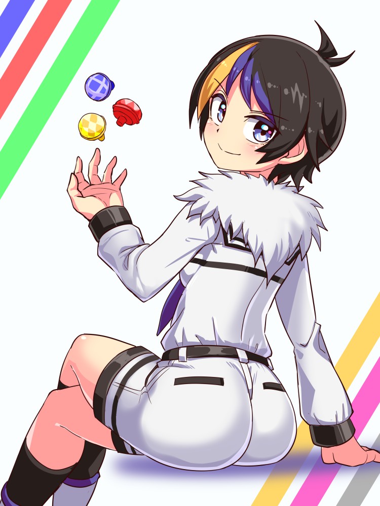1girl, alesro_(beatus_creation), bangs, beatus_creation, black_hair, black_legwear, blonde_hair, blue_eyes, blue_hair, closed_mouth, commentary, cougar_(cougar1404), crossed_legs, from_behind, fur_collar, invisible_chair, kneehighs, long_sleeves, looking_at_viewer, looking_back, multicolored_hair, shirt, short_hair, shorts, sitting, smile, solo, streaked_hair, white_shirt, white_shorts