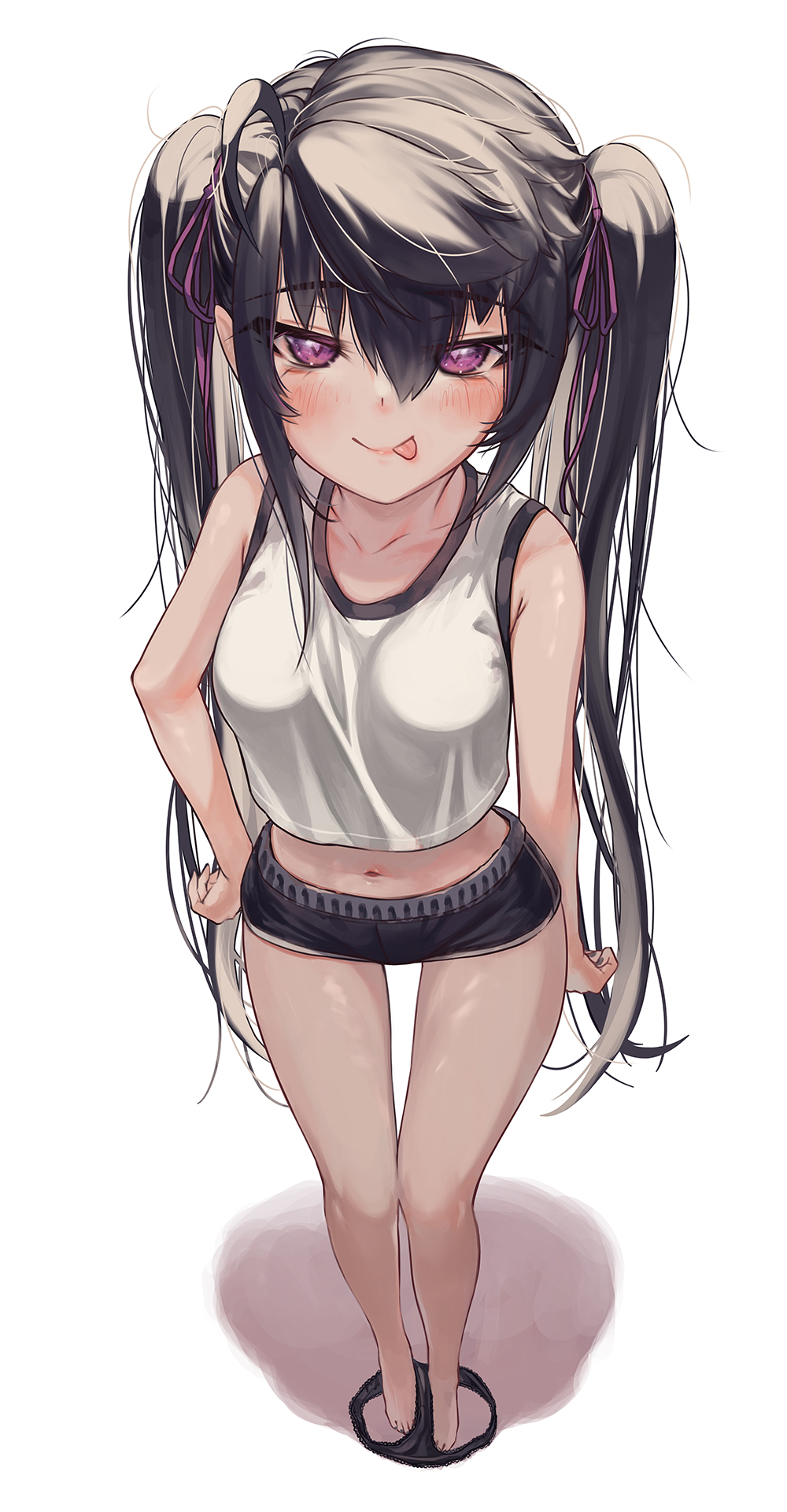 1girl, :p, arms_at_sides, bare_legs, black_panties, black_shorts, blush, eyebrows_visible_through_hair