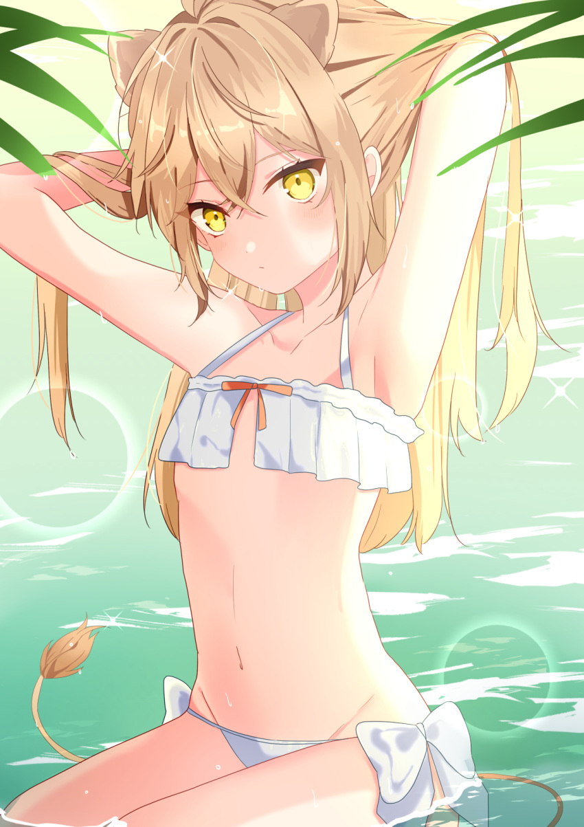 1girl, animal_ears, armpits, arms_behind_head, arms_up, bare_arms, bare_shoulders, bikini