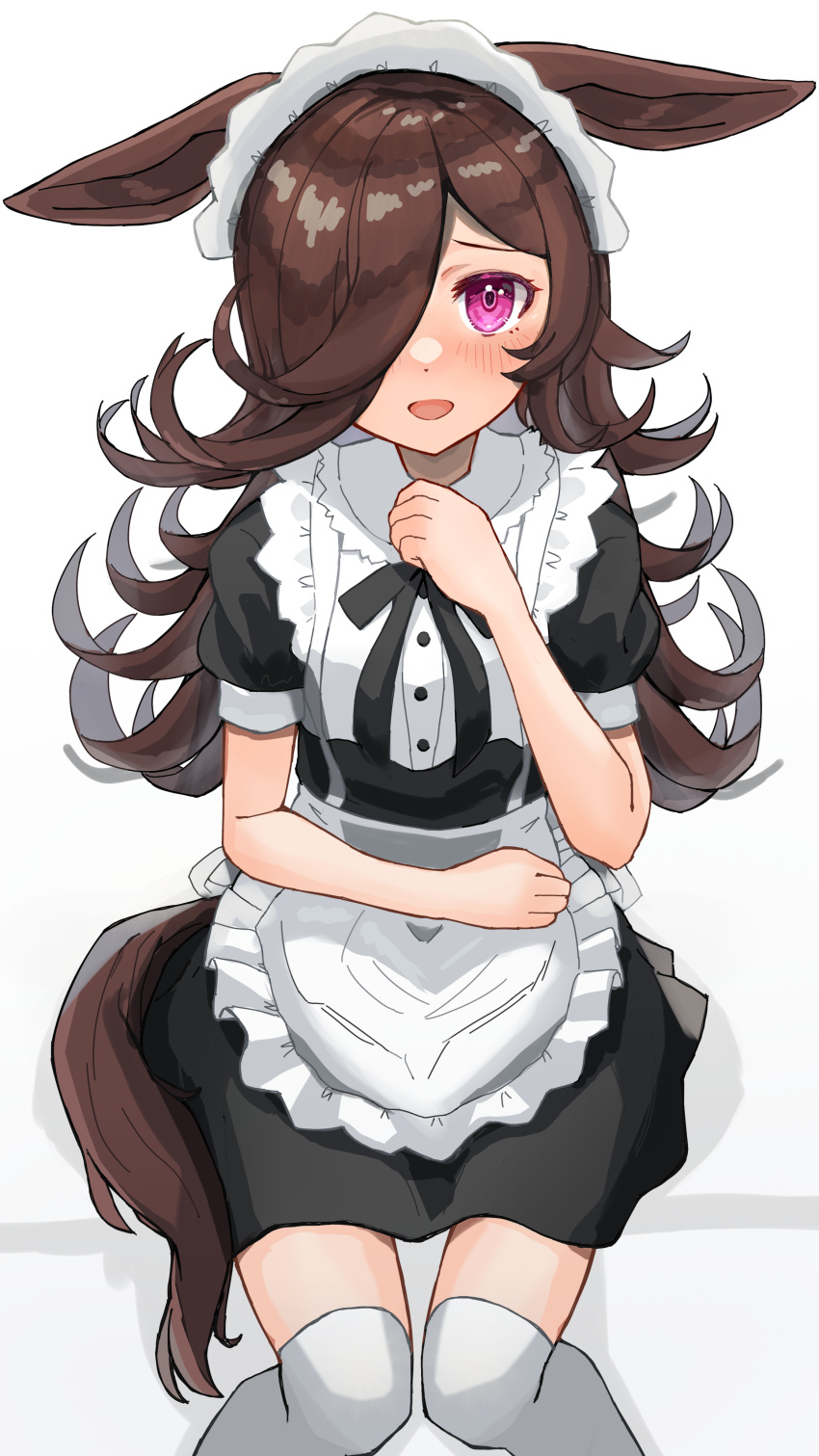 1girl, absurdres, alternate_costume, amamoru_21, animal_ears, apron, black_hair, blush