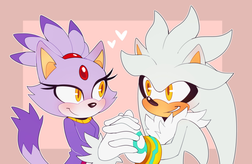 1boy, 1girl, animal_ears, animal_nose, blaze_the_cat, blush, body_fur, border, cat_ears, cat_girl, cat_tail, closed_mouth, coat, commentary, daxratchet, english_commentary, forehead_jewel, furry, furry_female, furry_male, gloves, glowing, grin, hair_ornament, hair_tie, hands_up, happy, heart, hedgehog_ears, highres, holding_hands, interlocked_fingers, light_purple_hair, long_sleeves, looking_at_another, multicolored_hair, open_mouth, outline, outside_border, pink_background, pink_border, purple_coat, purple_fur, purple_hair, silver_the_hedgehog, simple_background, slit_pupils, smile, sonic_(series), sonic_rush, sonic_the_hedgehog_(2006), tail, teeth, topknot, two-tone_hair, white_fur, white_gloves, white_hair, white_outline, yellow_eyes
