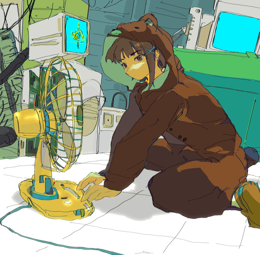 1girl, animal_costume, asymmetrical_hair, bear_costume, brown_eyes, brown_footwear, brown_hair, cable