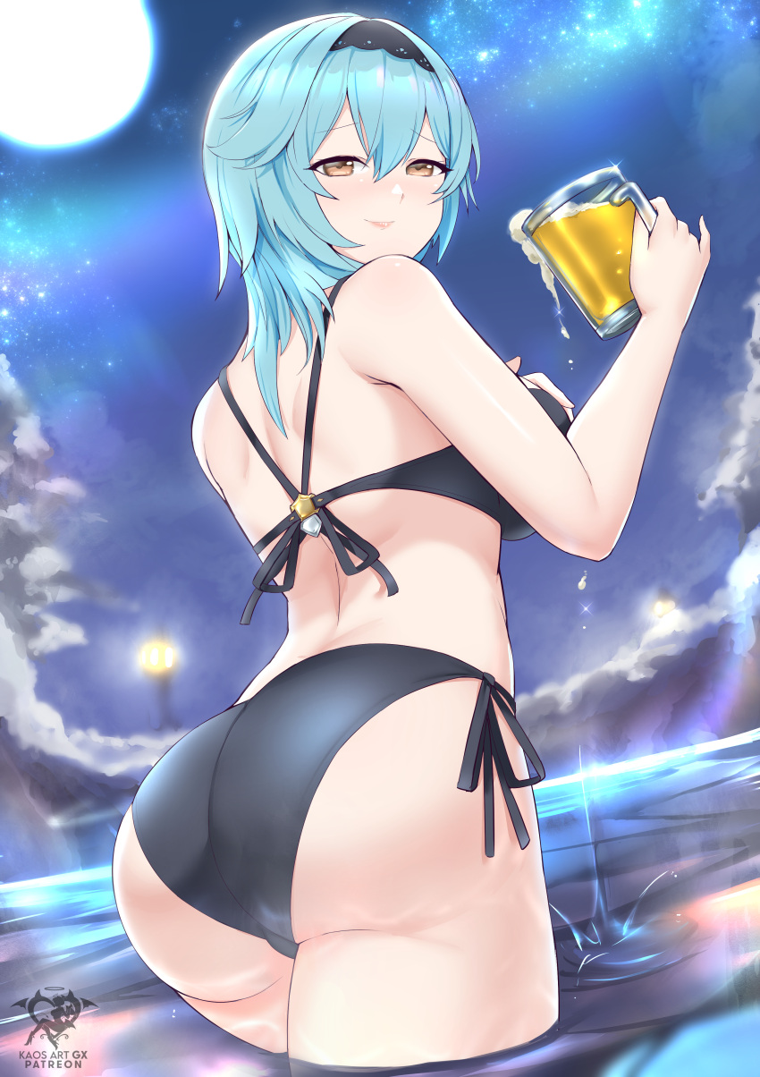 1girl, absurdres, alcohol, artist_name, ass, back, bangs, beer