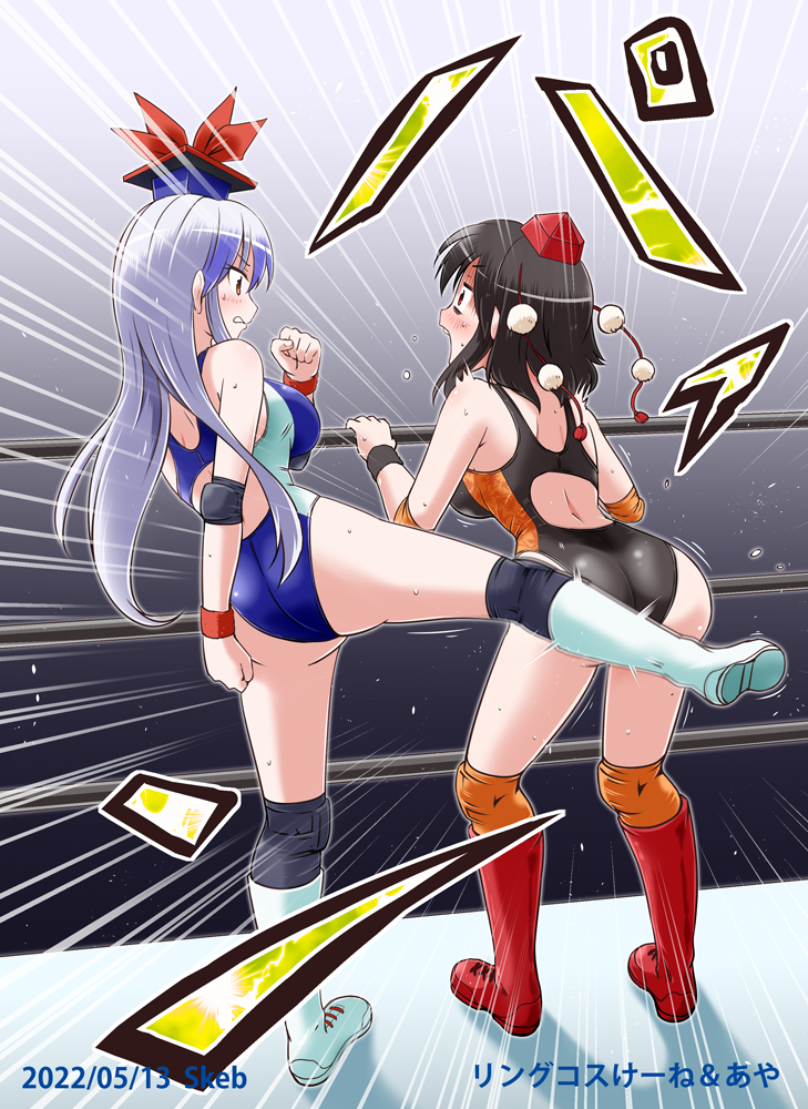 ass, back, black_hair, black_leotard, blue_hair, blue_headwear, blush, breasts