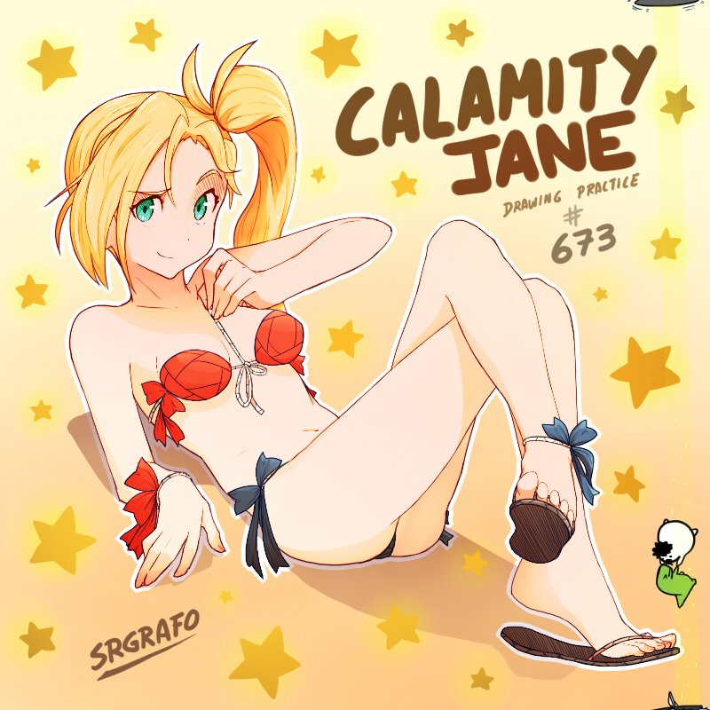 1girl, artist_name, bikini, blonde_hair, calamity_jane_(fate), english_text, fate/grand_order, fate_(series)