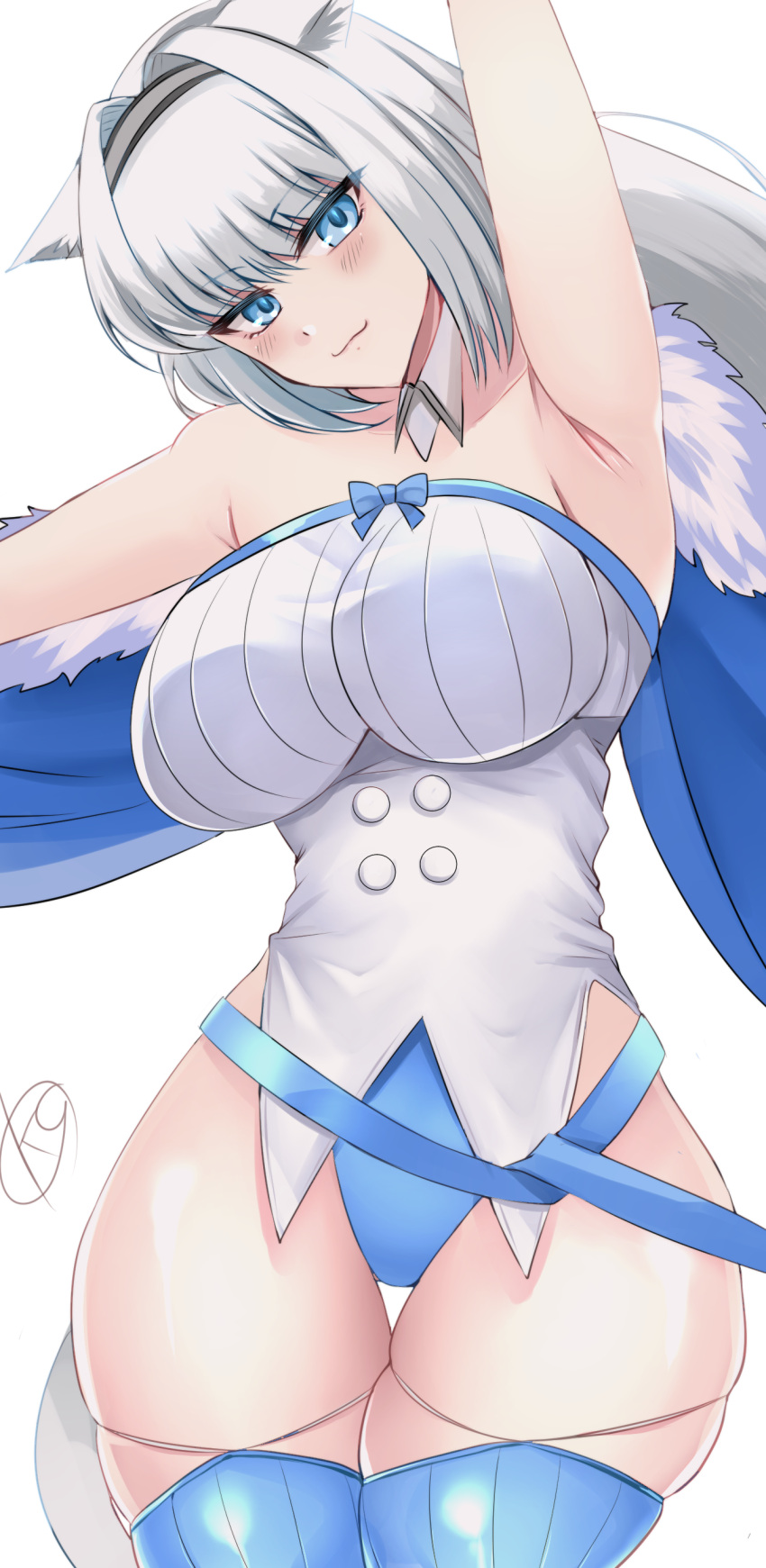 1girl, absurdres, arm_up, armpits, bangs, bare_arms, bare_shoulders, blue_eyes