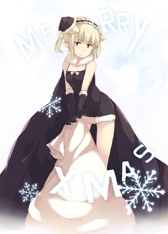 1girl, animal_ears, bag, bangs, bare_legs, bare_shoulders, black_dress, black_gloves, blonde_hair, blunt_bangs, christmas, dog_girl, dress, eyebrows_visible_through_hair, flower_fairy, fur-trimmed_dress, fur-trimmed_gloves, fur-trimmed_headwear, fur_collar, fur_trim, gloves, hat, merry_christmas, misinkojou, monster_girl, mountain, santa_hat, short_hair, siamia_(flower_fairy), snowflakes, solo