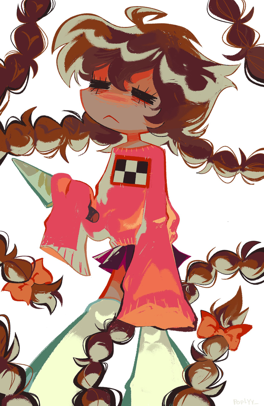 1girl, :<, absurdres, braid, brown_hair, closed_eyes, closed_mouth, highres, holding, holding_weapon, knife, long_hair, long_sleeves, madotsuki, oversized_clothes, pink_shirt, poppy_(p0ply), shirt, skirt, solo, standing, twin_braids, very_long_hair, weapon, white_legwear, yume_nikki