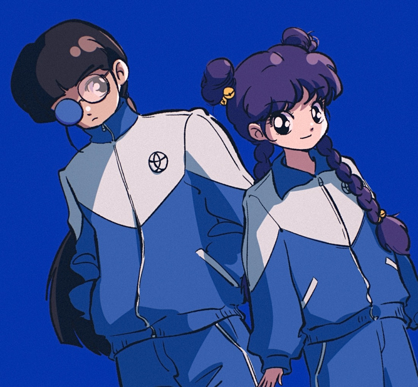 1boy, 1girl, alternate_costume, black_hair, blue_background, glasses, jersey, long_hair