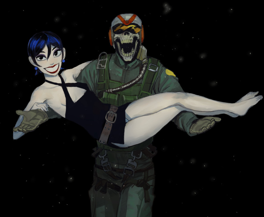 bare_arms, bare_shoulders, belt, black_background, black_dress, black_eyes, blue_hair, breasts