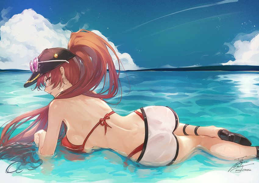 1girl, ass, baseball_cap, bikini, bikini_under_clothes, blue_sky, breasts, clouds