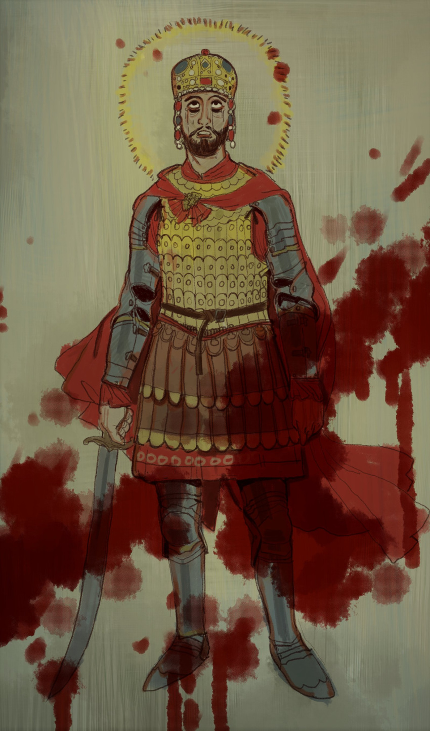 1boy, absurdres, armor, beard, black_eyes, blood, breastplate, byzantine_clothes