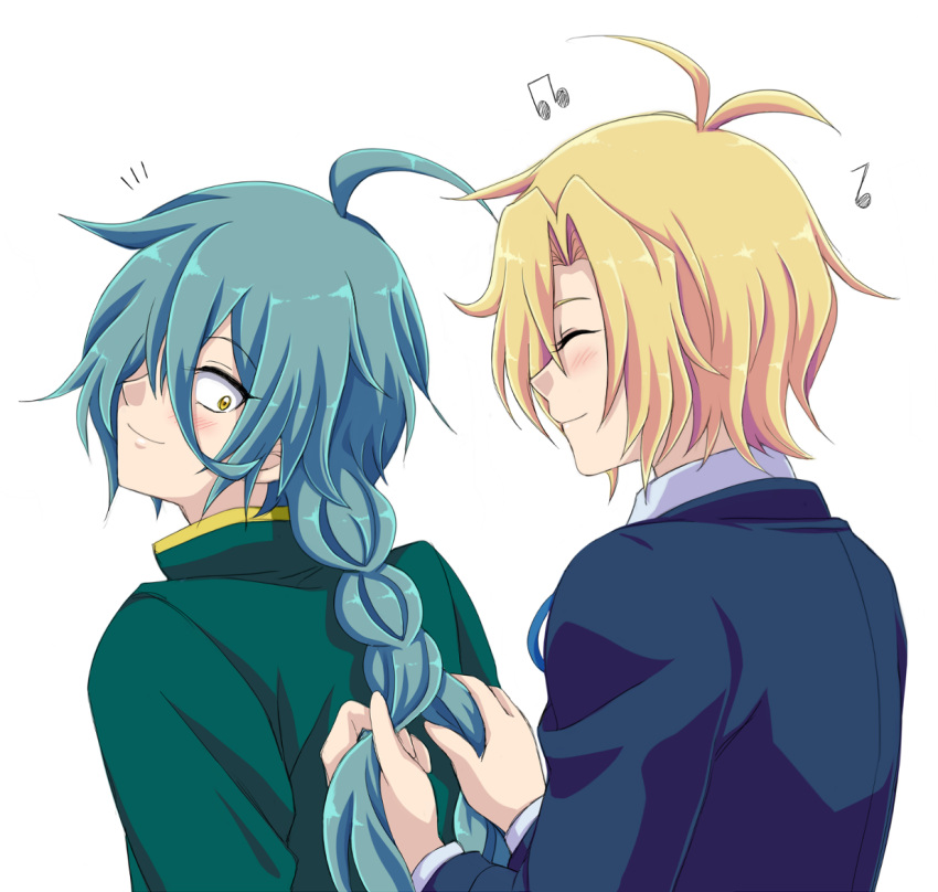 2boys, ^_^, ahoge, antenna_hair, aqua_hair, ashe_bradley, blonde_hair, blue_jacket
