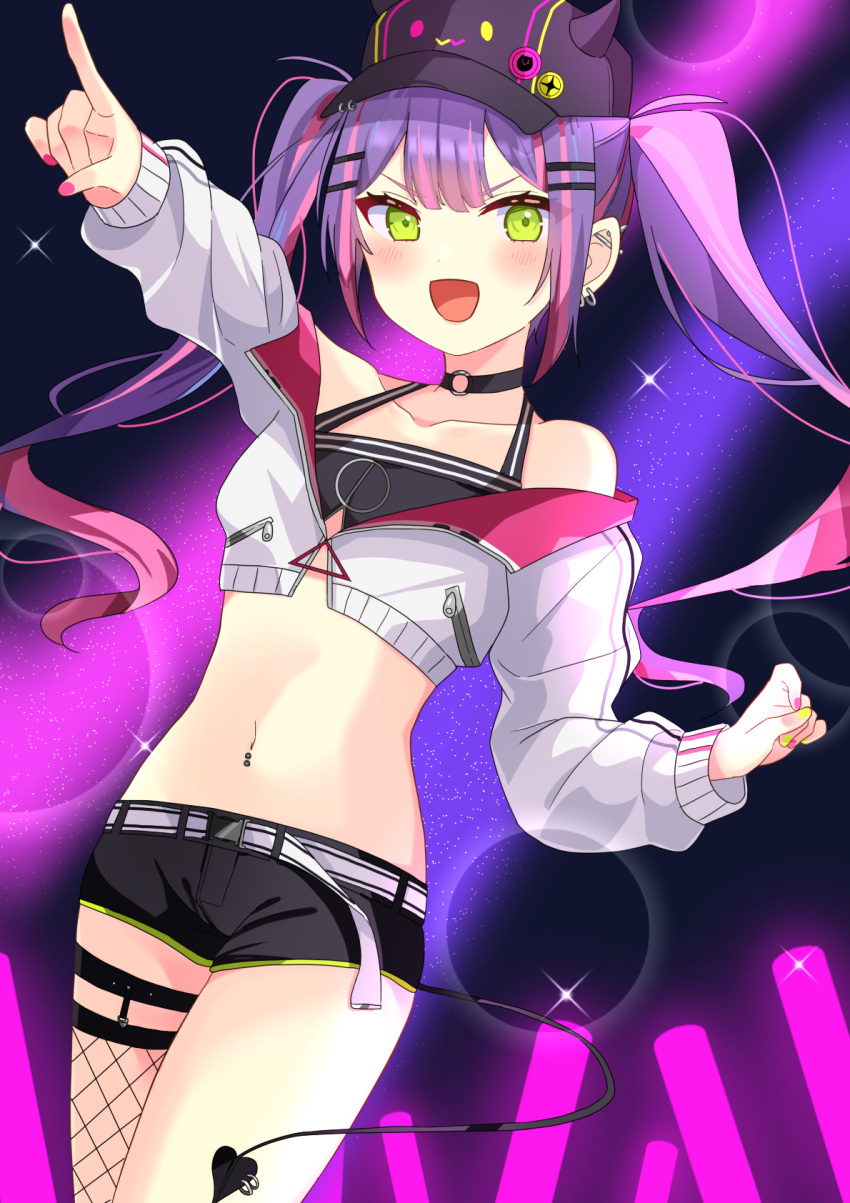 1girl, :d, arm_up, bare_shoulders, belt, bibi_(tokoyami_towa), black_choker, black_headwear, black_shirt, black_shorts, choker, collarbone, crop_top, cropped_jacket, demon_tail, ear_piercing, earrings, fake_horns, fishnet_legwear, fishnets, flat_chest, green_eyes, hair_ornament, hairclip, hat, highres, hololive, horned_headwear, horns, jewelry, long_hair, looking_at_viewer, midriff, nail_polish, navel, navel_piercing, noa_(hkgbkk8), open_mouth, outstretched_arm, piercing, purple_hair, shirt, short_shorts, shorts, sidelocks, single_thighhigh, sleeveless, sleeveless_shirt, smile, solo, stomach, tail, thigh-highs, thighs, tokoyami_towa, twintails, undershirt, v-shaped_eyebrows, virtual_youtuber