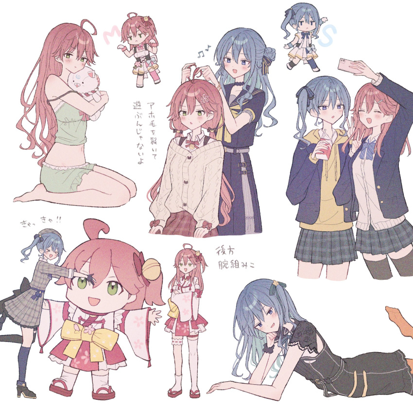 >_<, 35p_(sakura_miko), ahoge, alternate_costume, blue_eyes, blue_hair, cellphone, green_eyes