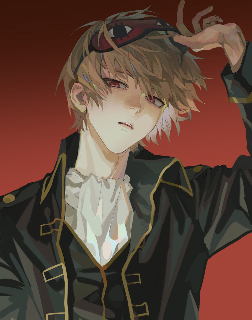 1boy, brown_hair, gintama, highres, looking_at_viewer, male_focus, okita_sougo, red_background