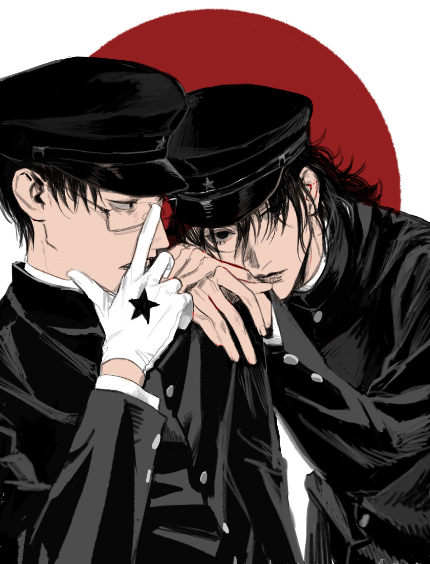 2boys, absurdres, adjusting_eyewear, black_eyes, black_hair, black_lips, gloves, hat