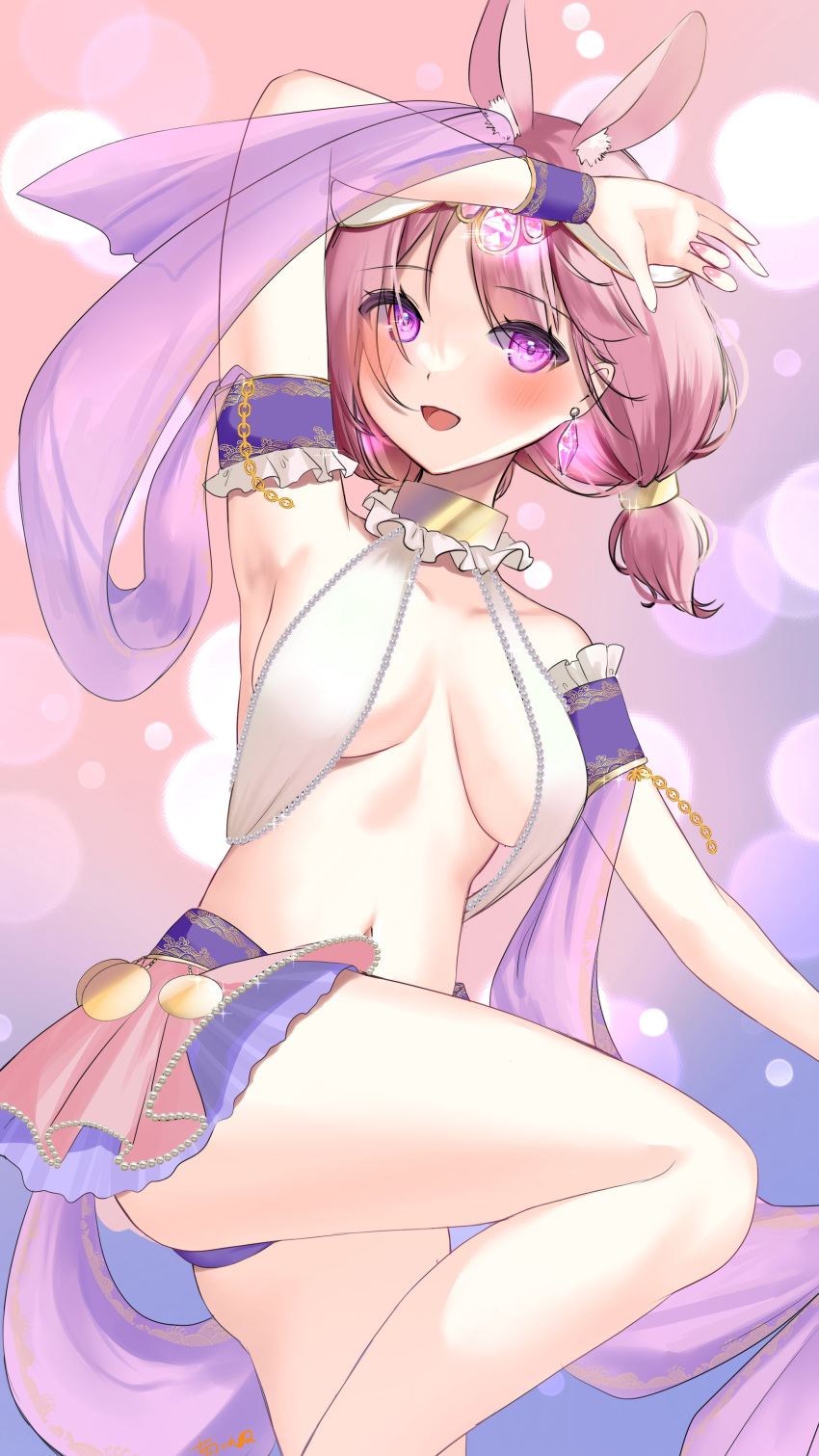 1girl, absurdres, animal_ears, arm_garter, arm_up, armpits, ass, bare_shoulders, breasts, chan'nu, earrings, halterneck, headdress, highres, indie_virtual_youtuber, jewelry, leg_up, long_hair, looking_at_viewer, low_twintails, medium_breasts, microskirt, midriff, navel, open_mouth, panties, pink_hair, purple_panties, rabbit_ears, revealing_clothes, skirt, smile, solo, stomach, thighs, twintails, underwear, violet_eyes, virtual_youtuber