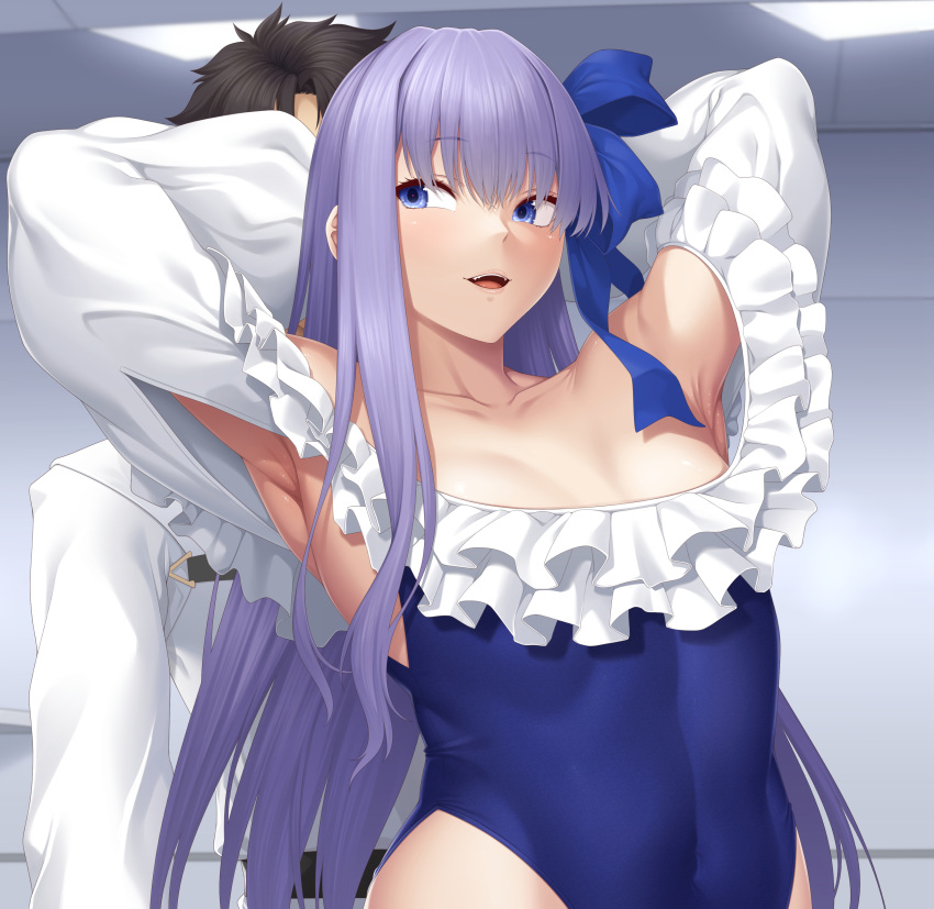1boy, 1girl, absurdres, ao_banana, armpits, arms_behind_head, arms_up, bangs