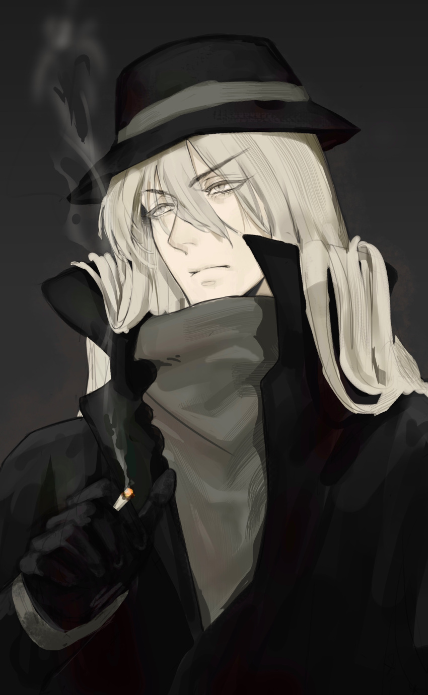 1boy, absurdres, bangs, black_gloves, black_headwear, cigarette, collared_coat, expressionless