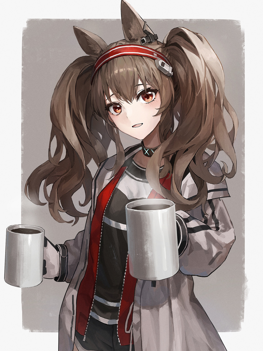 1girl, :d, angelina_(arknights), animal_ear_fluff, animal_ears, arknights, black_shirt, black_shorts