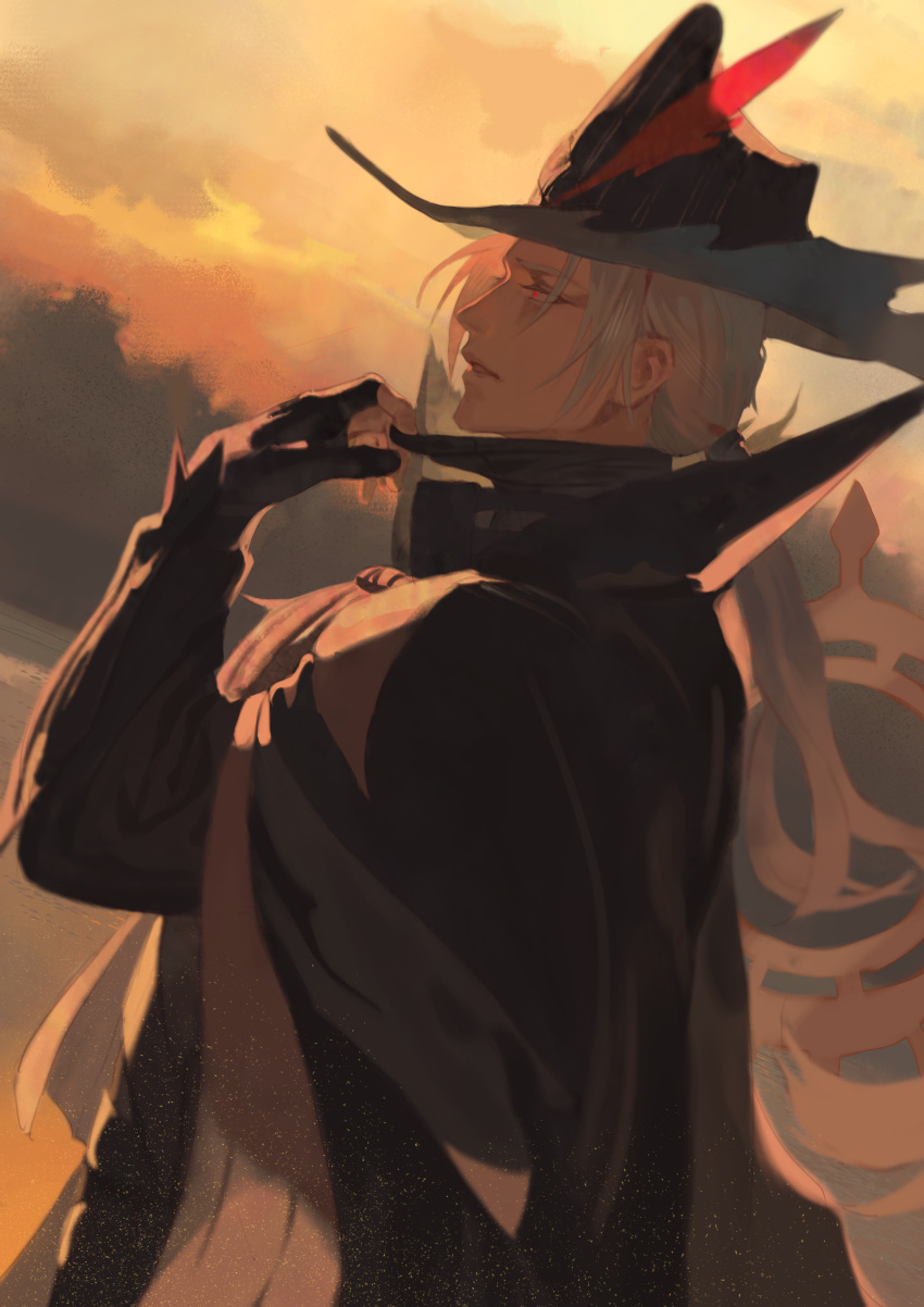 1boy, absurdres, adjusting_mask, arknights, black_cloak, black_gloves, black_headwear, cloak