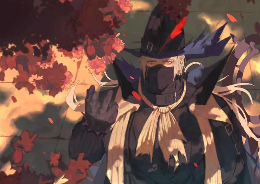 1boy, absurdres, arknights, ascot, autumn, autumn_leaves, black_gloves, black_headwear