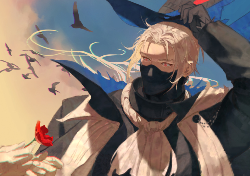 1boy, absurdres, arknights, ascot, bird, black_headwear, clouds, flower, highres, holding, holding_flower, long_hair, male_focus, mask, mouth_mask, red_eyes, red_flower, rose, shanguisantai, sidelocks, sky, solo_focus, ulpianus_(arknights), upper_body, white_hair