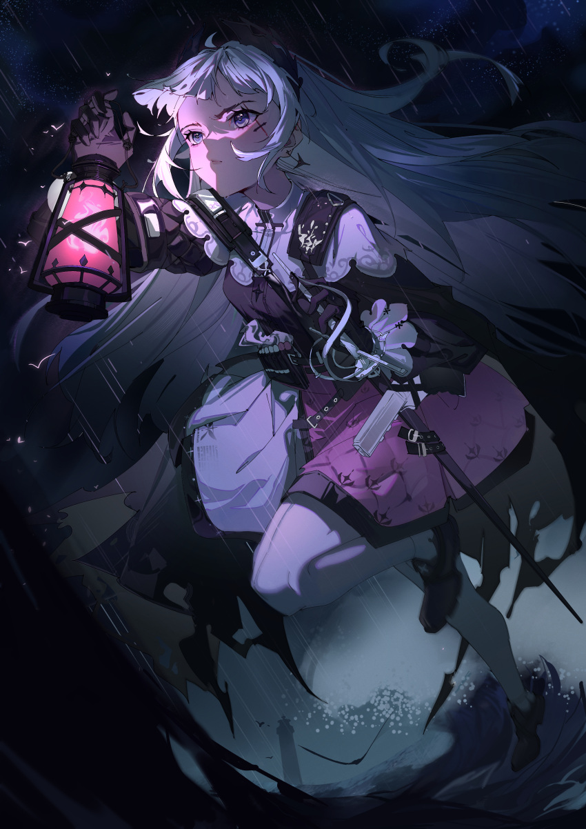 1girl, absurdres, arknights, belt, bird, black_footwear, black_gloves, black_jacket, capelet, closed_mouth, earrings, foreshortening, front-seamed_legwear, full_body, gloves, gun, head_wings, high-waist_skirt, highres, holding, holding_lantern, holding_sword, holding_weapon, irene_(arknights), jacket, jewelry, lantern, lighthouse, long_hair, long_sleeves, luomuzhen, night, outdoors, pantyhose, puffy_long_sleeves, puffy_sleeves, purple_skirt, rain, rapier, scar, scar_across_eye, scar_on_face, seamed_legwear, shoes, skirt, sword, v-shaped_eyebrows, very_long_hair, water, waves, weapon, white_capelet, white_hair, white_legwear, white_skirt