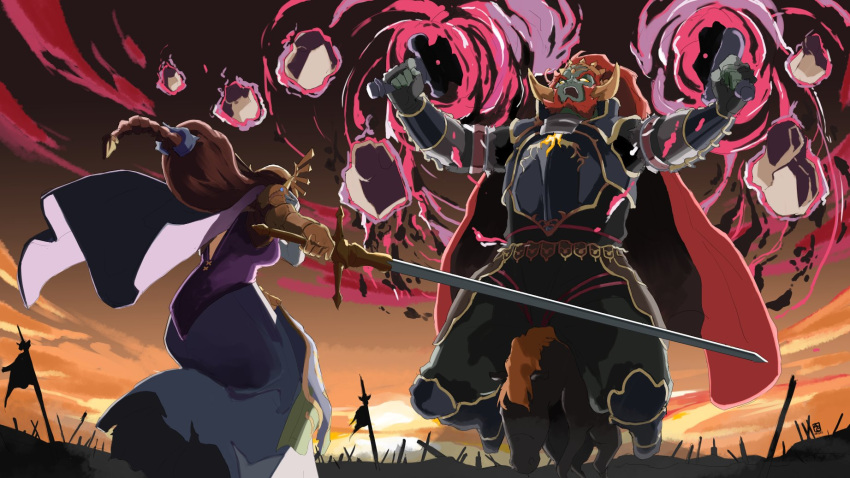 1boy, 1girl, armor, aura, automatic_giraffe, backless_outfit, battle, battlefield