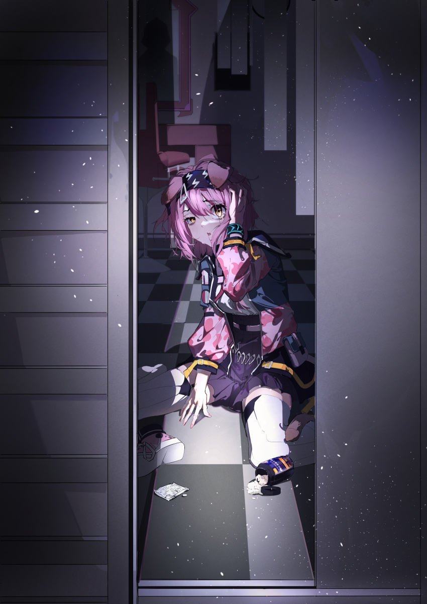 1girl, absurdres, animal_ears, arknights, bangs, black_coat, black_hairband, black_skirt, bracelet, cat_ears, cat_girl, cat_tail, checkered_floor, coat, commentary_request, crying, crying_with_eyes_open, drugs, eyebrows_visible_through_hair, full_body, garter_straps, goldenglow_(arknights), hairband, high-waist_skirt, highres, indoors, infection_monitor_(arknights), jewelry, lightning_bolt_print, long_hair, long_sleeves, looking_at_viewer, luomuzhen, nail_polish, on_floor, open_clothes, open_coat, open_door, open_mouth, pill, pink_coat, pink_footwear, pink_hair, pink_nails, scissors, shirt, shoes, shoes_removed, sitting, skirt, sliding_doors, solo, tail, tears, thigh-highs, wariza, white_legwear, white_shirt, yellow_eyes, zettai_ryouiki