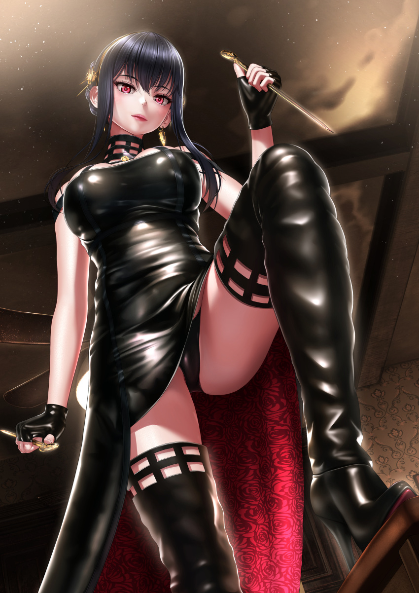 1girl, absurdres, bangs, black_dress, black_gloves, black_hair, black_legwear, black_panties