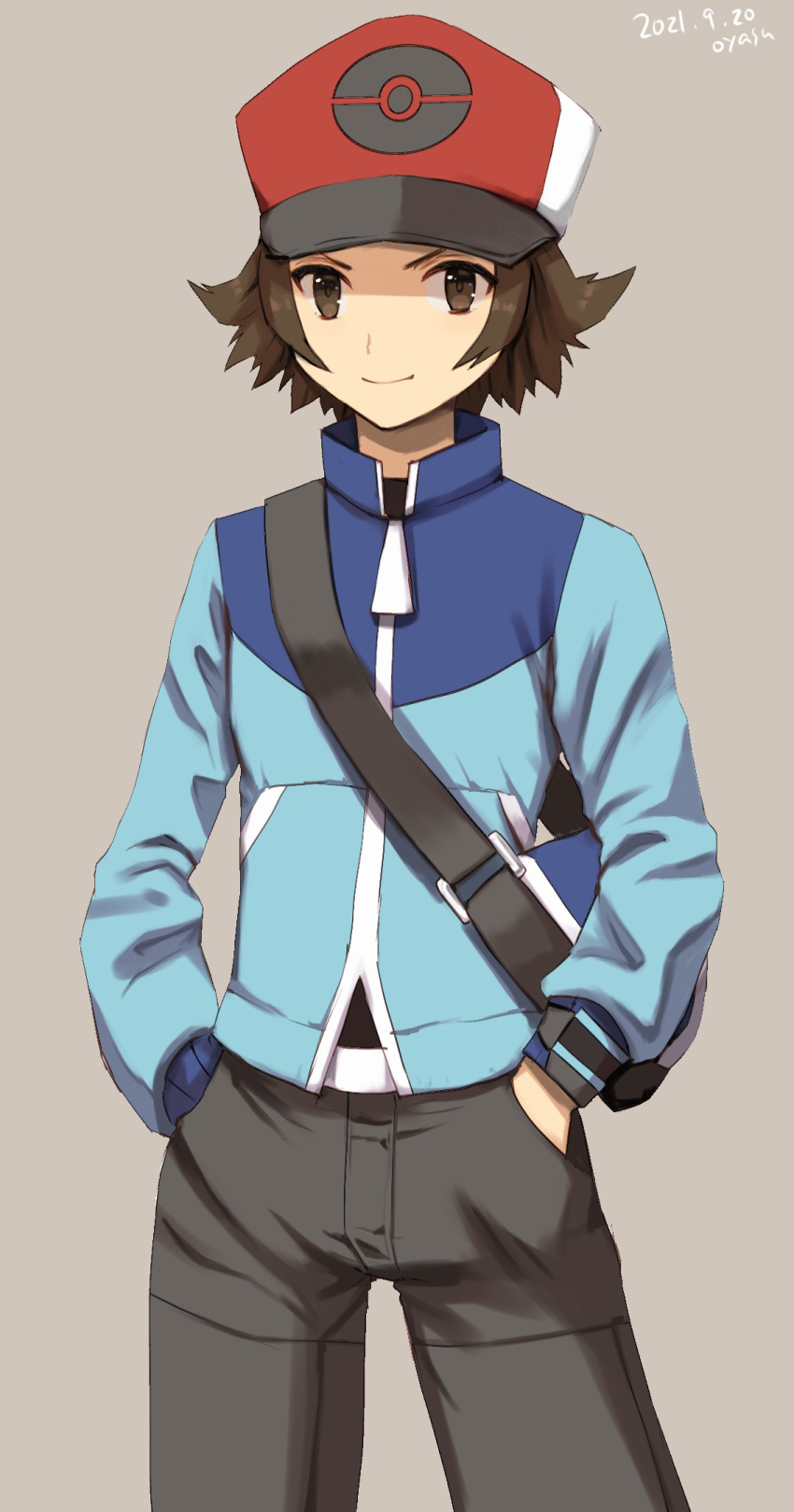 1boy, bag, belt_buckle, black_shirt, blue_jacket, brown_eyes, brown_hair, buckle