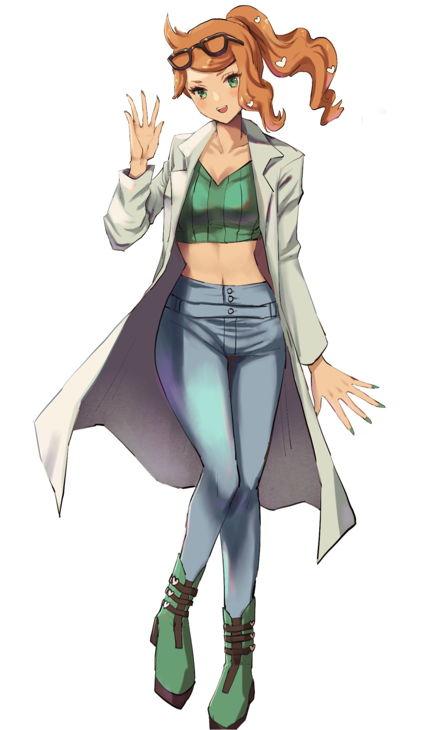 1girl, :d, boots, buttons, collarbone, commentary_request, eyewear_on_head, full_body