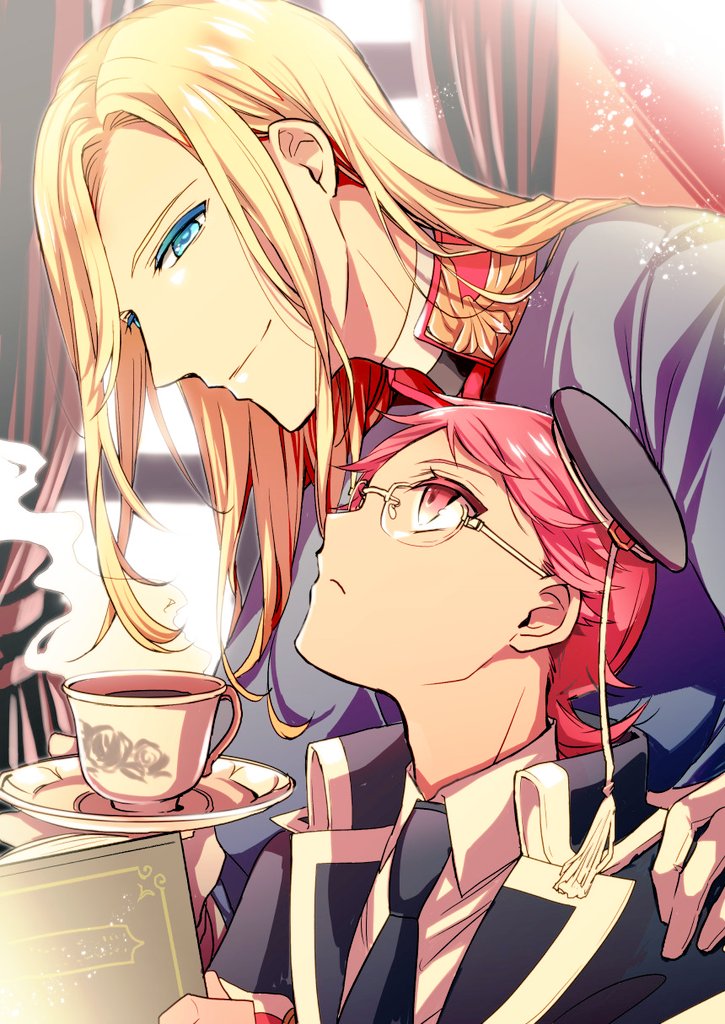 2boys, akai_higasa, black_headwear, black_jacket, black_necktie, blonde_hair, blue_eyes, blue_jacket