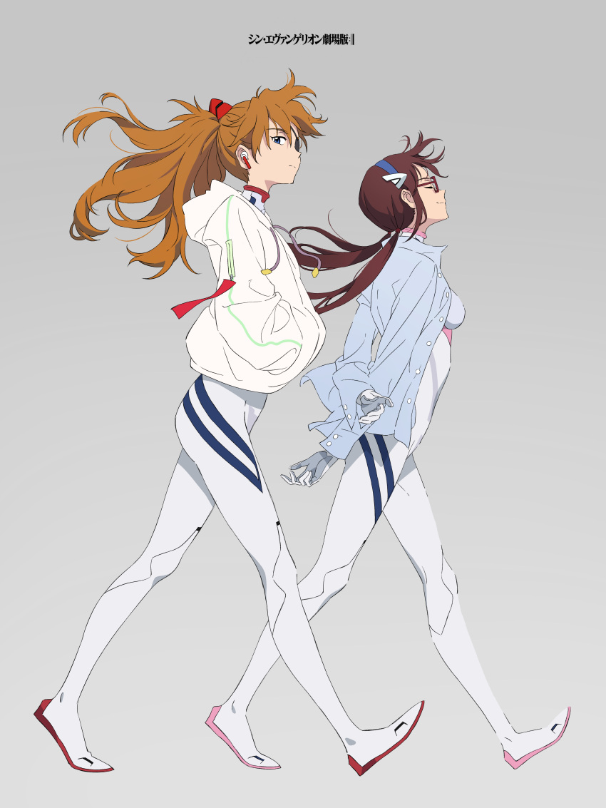 2girls, absurdres, airpods, blue_eyes, blue_hairband, blue_shirt, breasts, closed_eyes