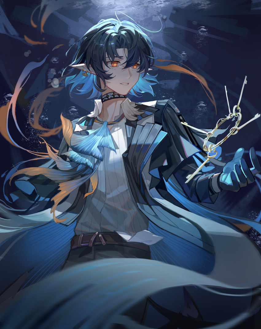 1boy, absurdres, air_bubble, arknights, ascot, bangs, belt, black_coat